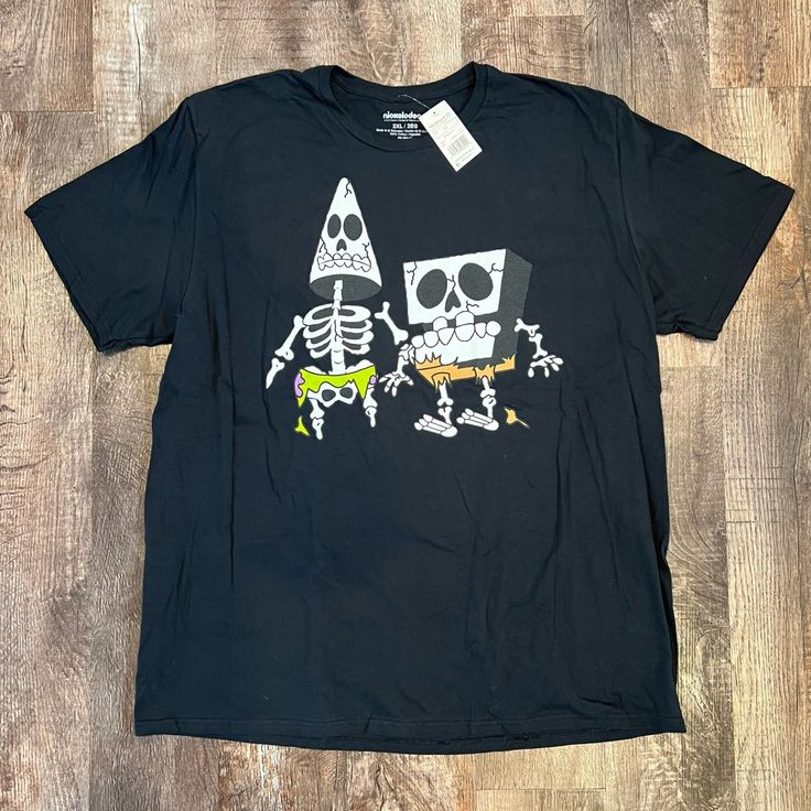 Nwt Skeleton Spongebob And Patrick T Shirt. Fun Short Sleeve T-shirt With Skull Print, Fun Cotton Tops With Skull Print, Spongebob Skeleton, Spongebob And Patrick, Skeleton T Shirt, Nickelodeon, Shirt Color, Skeleton, Colorful Shirts