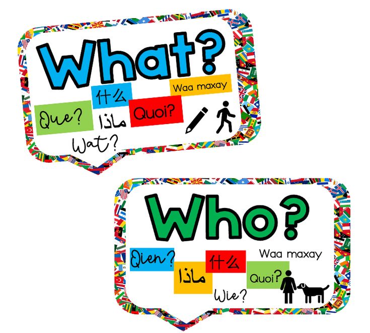 two colorful speech bubbles with different words on them and an image of a person holding a dog