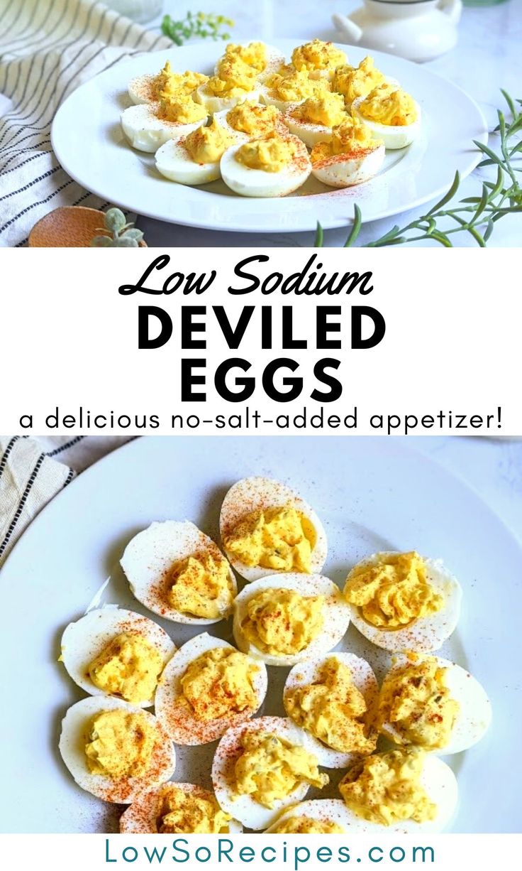 deviled eggs on a white plate with text overlay