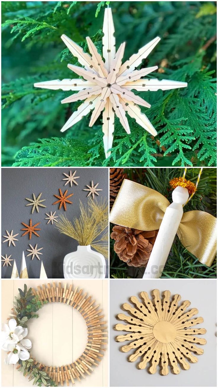 christmas decorations made out of popsicle sticks, pine cones and other things to decorate with them