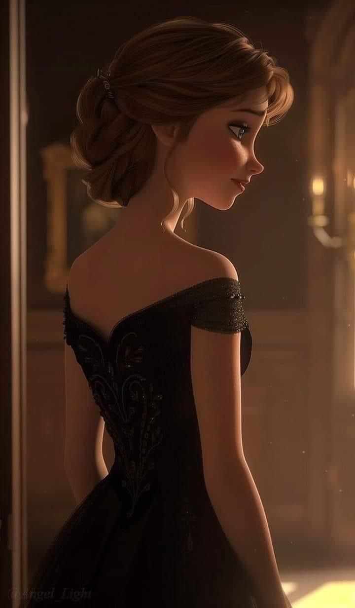 a woman in a black dress looking out the window