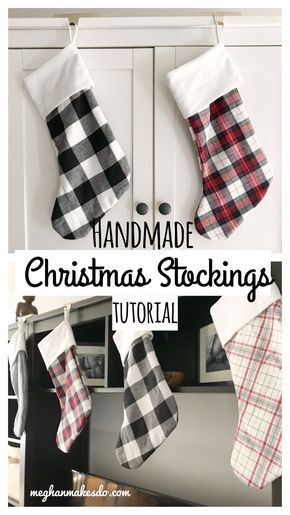 christmas stockings hanging from the kitchen cabinets with text overlay that reads handmade christmas stockings