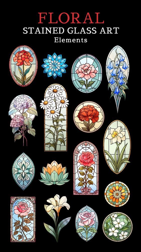 the cover of floral stained glass art elements, with flowers and leaves in different colors