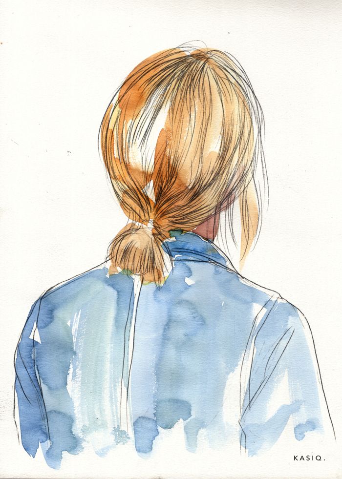 a watercolor drawing of a woman's back with her hair in a pony tail