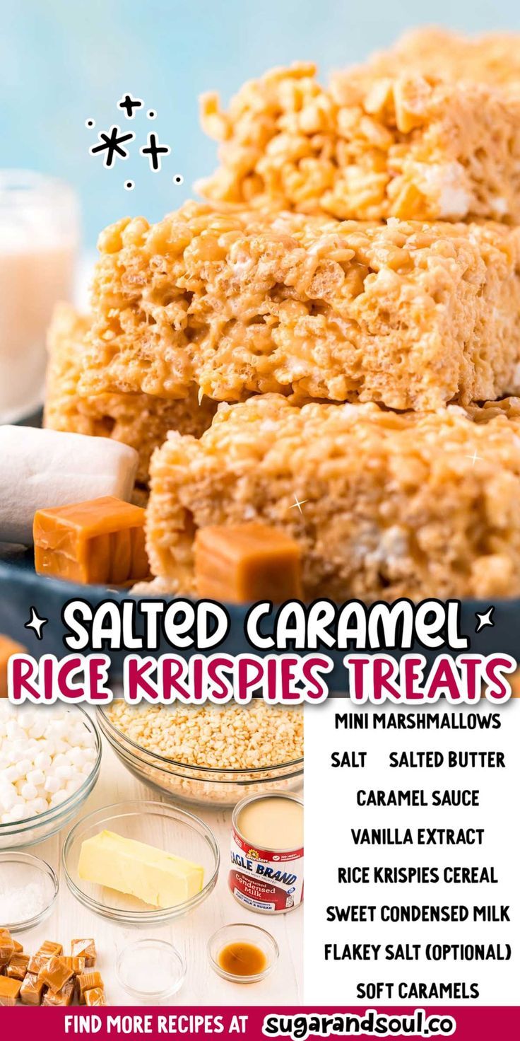 an advertisement for salted caramel rice krispies treats on a table with other ingredients