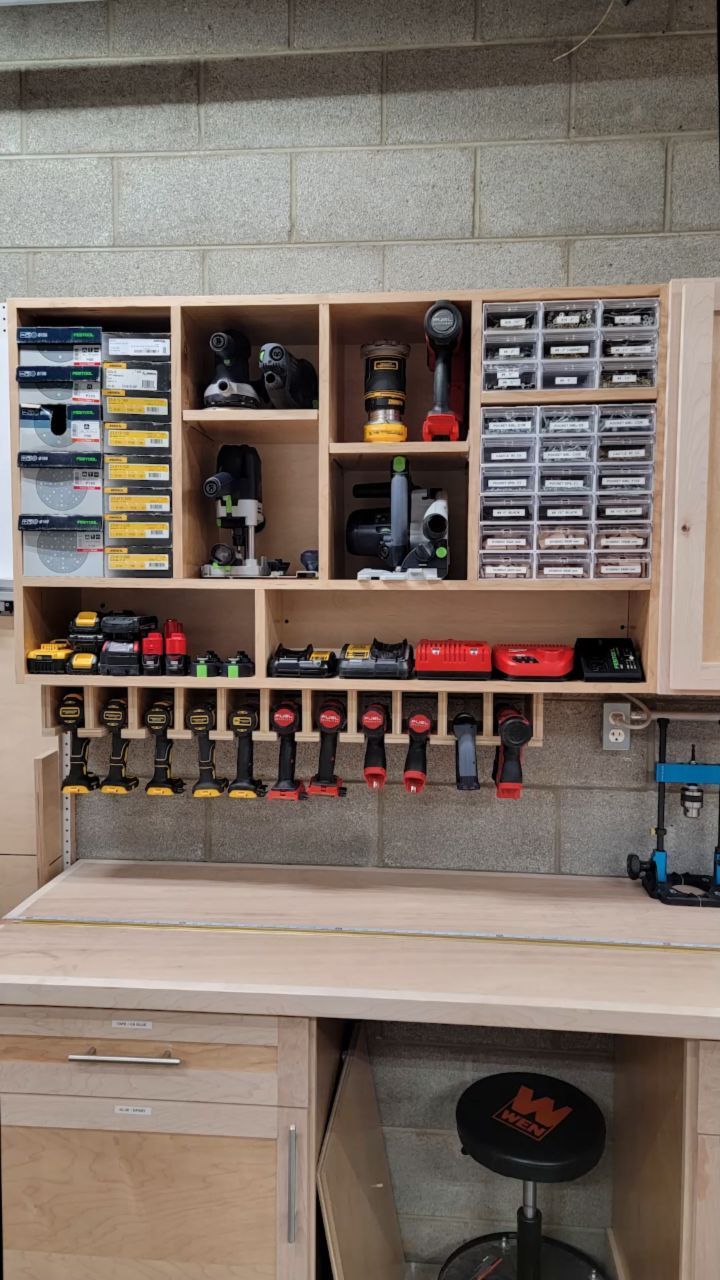 a workbench with lots of drawers and tools on the shelves above it, in a garage