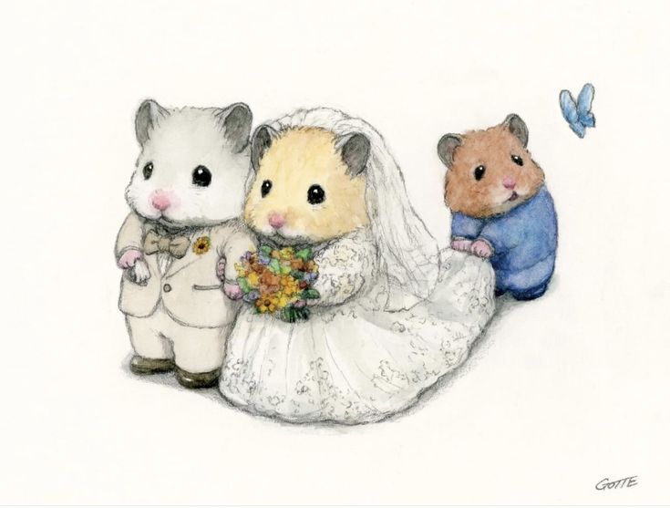 two hamsters are dressed up as bride and groom, one is holding a bouquet