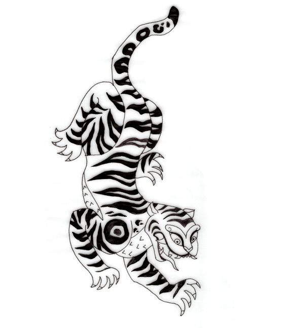 a drawing of a tiger with stripes on it's body and tail, running