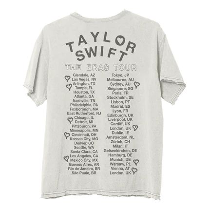 taylor swift tour t - shirt in white with black lettering on the front and back