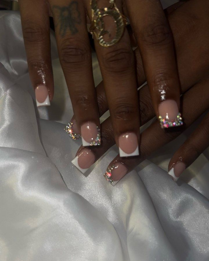 #nailsofinstagram #nailsoftoday #prettynails #518nailtech #nailsonfleek #nailsonpoint #nailtechlife #blacknailtech #nailstylist #nails💅 #nailsaddict #houstonnailtech #trending #houston #celebritynailtech #valentinobeautypure #freestylenails #nailtech #dallasnails #nailart #stilettonails #texas #houstonnails #explorepage #teamvbp #tiktoknails #acrylictoes #acrylicnails #nailsnailsnails #houstonhairstylist Arodesent Nails, Baps Inspired Nails, Badazled French Tip Nails, Short French Tip Acrylic Nails Diamond, Bejeweled French Tips, Short Acrylic Bling Nails, Short Nail Bling Designs, French Tips With A Design, Short Frenchies With Rhinestones