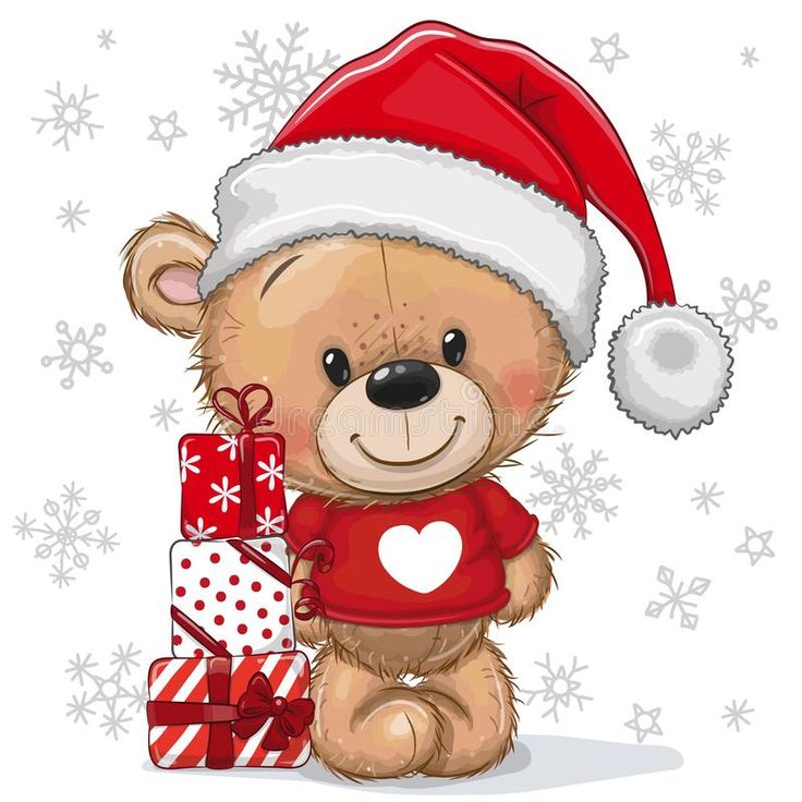 a brown teddy bear wearing a santa hat next to christmas presents on a white background