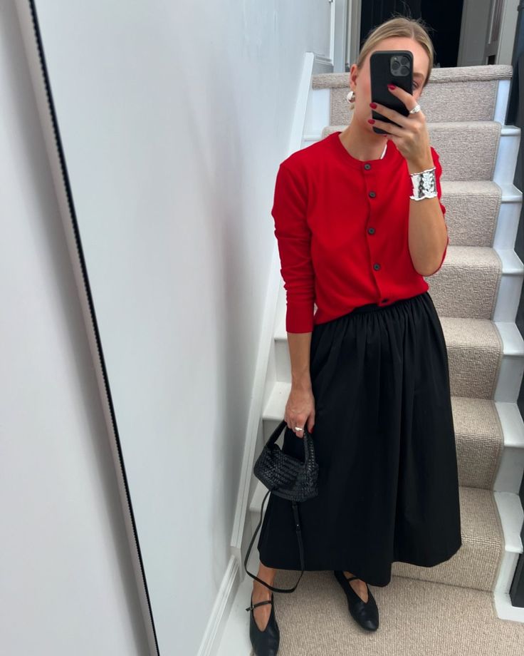 Lydia Tomlinson | Transitional outfit inspo from past to present 🍂 | Instagram How To Style A Red Cardigan, Red Cardigan Outfit 2024, Red Cardigan Outfit Winter, Lydia Tomlinson Outfits, Cardigan Work Outfit, Red Cardigan Outfit, Cardigan Outfit Work, Winter Cardigan Outfit, Lydia Tomlinson