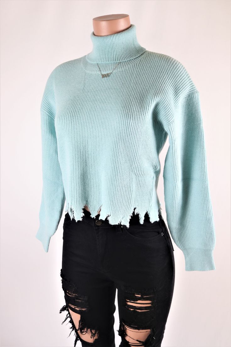 Size: S, Color: Blue Instagram Clothing, Ripped Sweater, Blue Turtleneck, Distressed Sweaters, Instagram Outfits, Crop Sweater, Knit Crop, Top Sales, Clothing Boutique