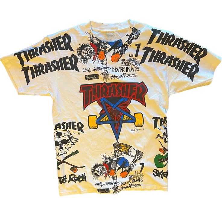 Thrasher Reprint Tshirt For Men Brand New Never Used . Fits Like An Xl Single Stitched Heavyweight! All Over Print In Front And Back Super Detailed Amazing Quality. #Thrasher #90s #Vintage #Retro #Depopfamous 90s Style Printed T-shirt For Streetwear, Graffiti Print T-shirt For Skateboarding, Vintage Printed Tops For Streetwear, Retro Short Sleeve T-shirt With Graffiti Print, Retro Short Sleeve Graffiti Print T-shirt, Throwback Graphic Print Short Sleeve Tops, Throwback Style Short Sleeve Graphic Print Tops, Throwback Style Short Sleeve Tops With Graphic Print, Summer Throwback Tops With Graphic Print