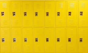 yellow lockers are lined up against the wall