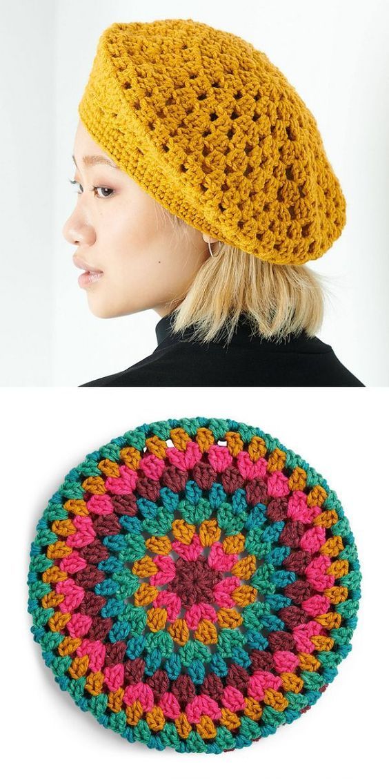 a woman wearing a crochet hat next to an image of a knitted beanie