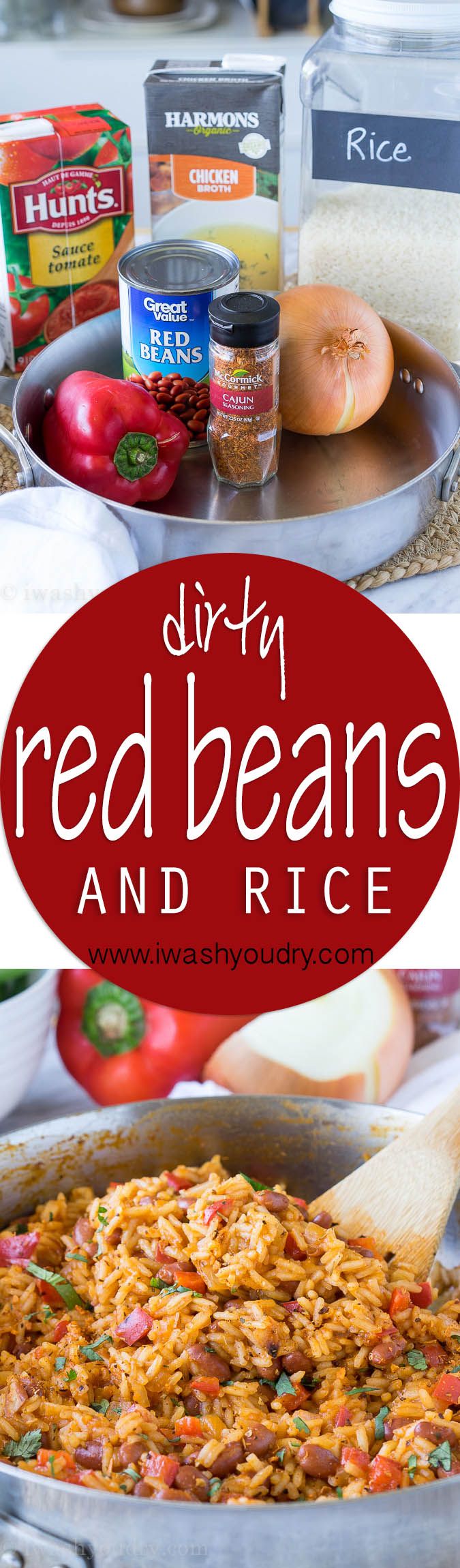 red beans and rice in a pan with ingredients for the recipe behind it on a table