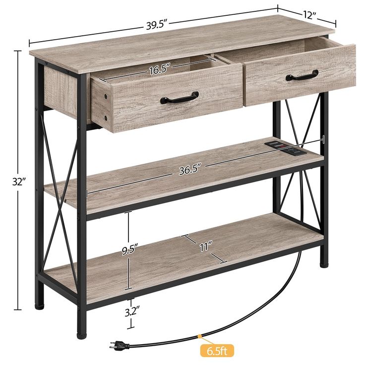 a wooden shelf with two drawers and three shelves on each side, measurements for the width