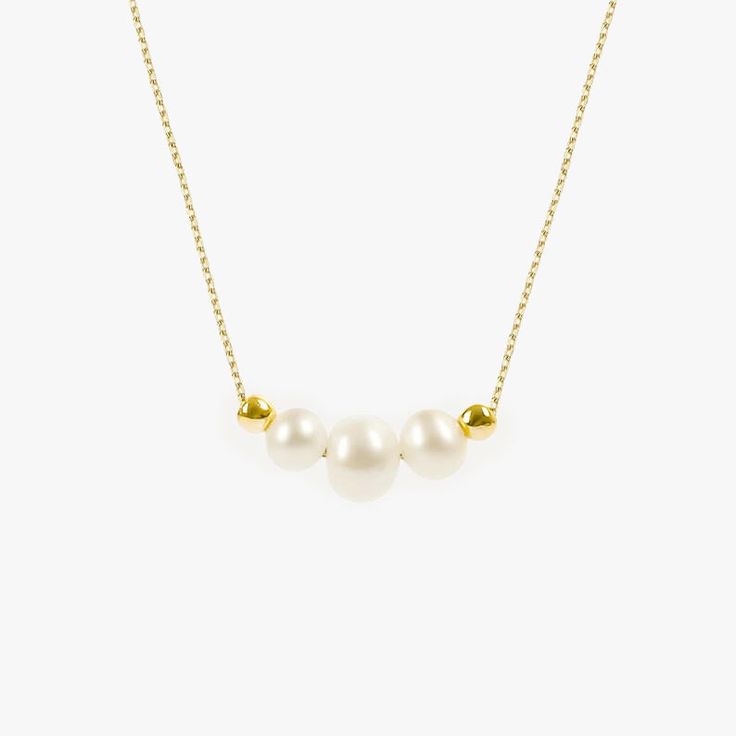 Triple Pearl Necklace | 14K Solid Gold - Mionza Jewelry-14K Solid Gold, Bridal Pendant, Bridesmaid Gifts, dainty pearl pendant, Freshwater Pearl, Gold Pearl Necklace, Pearl Bead Pendant, pearl necklace, Pearl Necklace Set, pearl pendant, Trio Pearl Necklace, Wedding Necklaces Elegant Yellow Gold Bridal Necklace, Refined Yellow Gold Pearl Necklace For Wedding, Refined Yellow Gold Pearl Necklace, Elegant Akoya Pearl Necklace In Yellow Gold, Timeless Pearl Chain Necklace For Anniversary, Elegant Yellow Gold Akoya Pearl Necklace, Classic Yellow Gold Pearl Necklaces, Refined Yellow Gold Pearl Necklace With Charm, Timeless Single Strand Necklace For Wedding