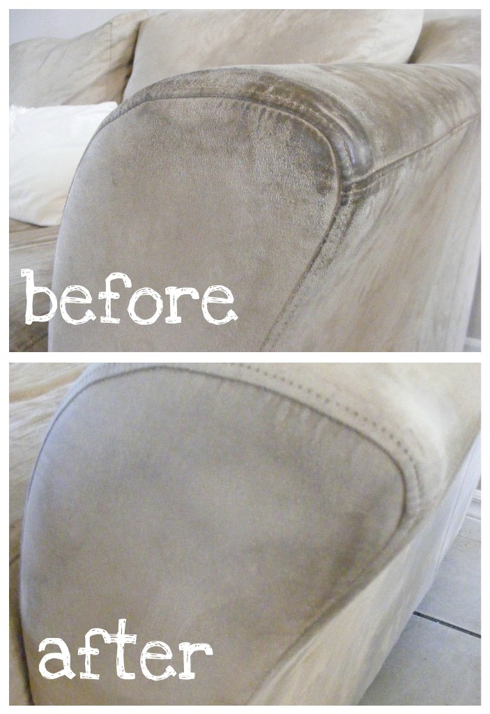 before and after photos of a leather couch cleaning service in the process of upholstering it