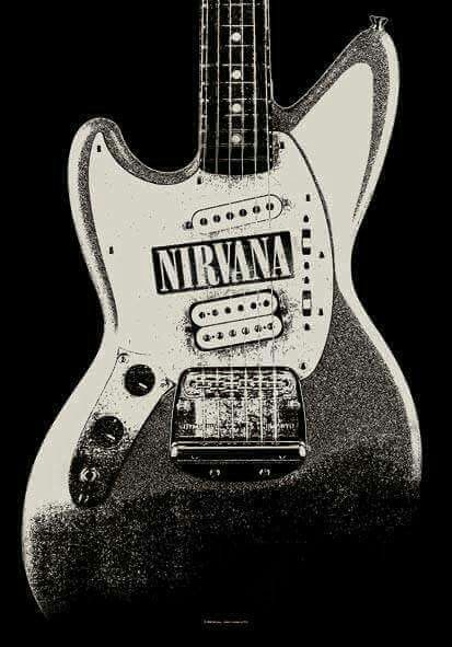 an electric guitar with the name nirvana on it's body and neck, in black and white