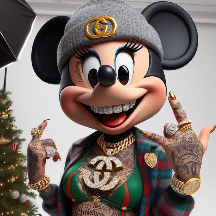 a cartoon mickey mouse wearing a hat and holding up two fingers in front of a christmas tree