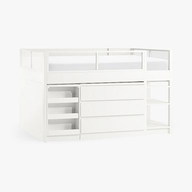 a white bunk bed with drawers and shelves on the bottom shelf, against a white background