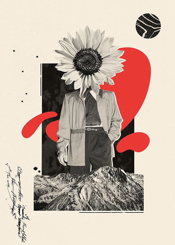 a man with a sunflower on his head standing in front of a red heart