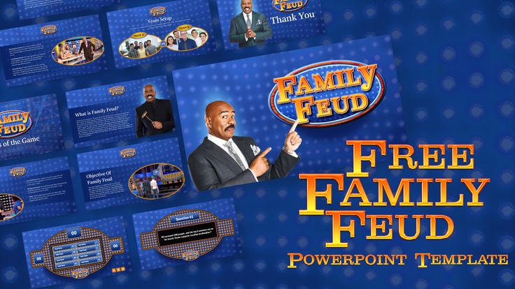 the family feud powerpoint presentation is displayed on a blue background with many different images