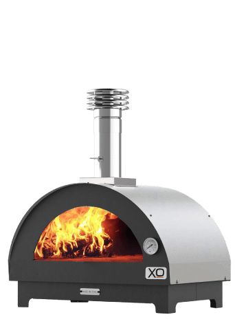 an outdoor pizza oven with flames on the front and side doors open to show it's cooking area