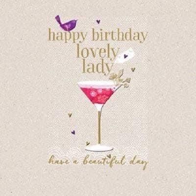 a happy birthday card with a pink cocktail