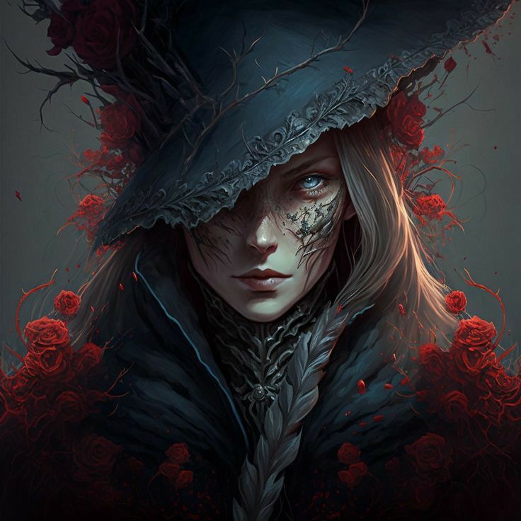 a woman wearing a black hat with red roses on it's face and hood