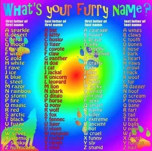 what's your furry name? poster with words in different colors and font on it