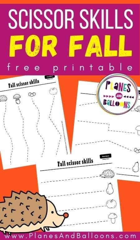 the scissor skills for fall printable worksheet is shown with an orange background