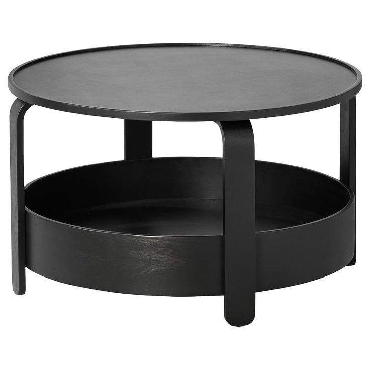 a black coffee table with two trays on it's sides and one shelf underneath