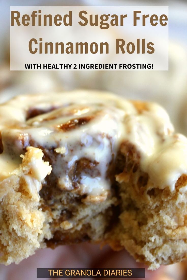 a close up of a cinnamon roll on a plate with the title text reads refried sugar free cinnamon rolls with healthy ingredients frosting