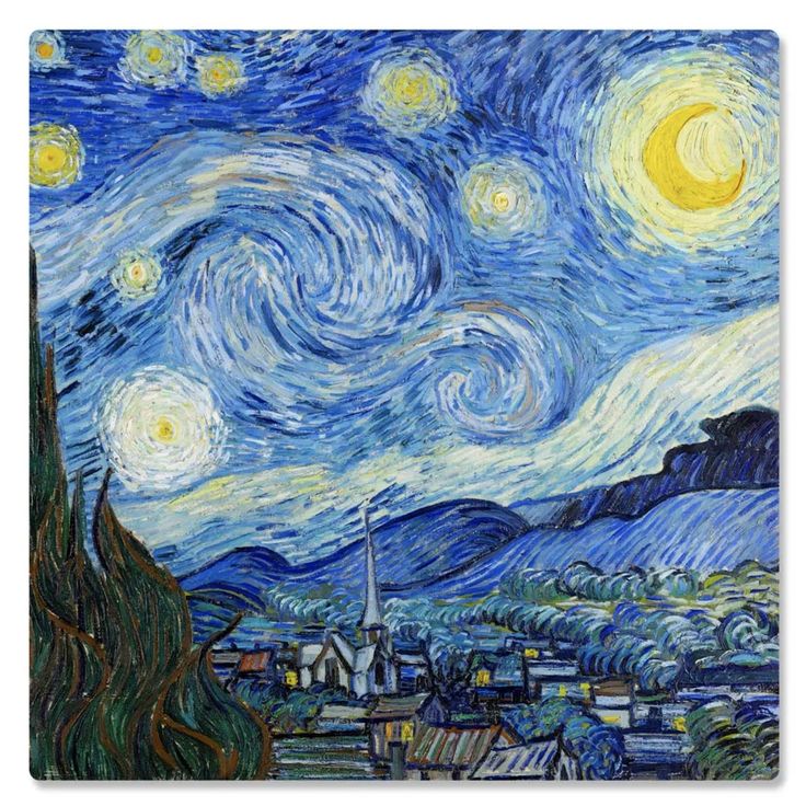 the starry night painting is shown with buildings and trees in the foreground,