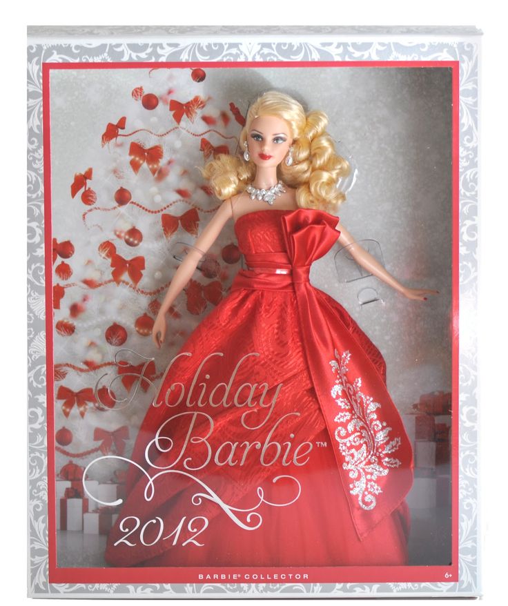 a barbie doll in a red dress with flowers on the wall and holiday barbie 2012