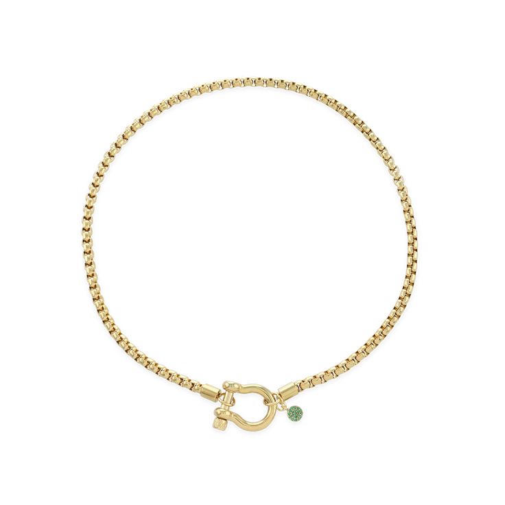 The Herradura Green Necklace, a single gold chain necklace featuring a bold clasp and a small green charm. This sleek and modern piece adds a touch of color and elegance, perfect for layering or wearing alone as a statement accessory. Green Chain Link Necklace With Adjustable Chain, Green Chain Necklace With Adjustable Chain, Green Necklace With Adjustable Chain, Green Adjustable Chain Link Necklace, Everyday Green Chain Necklace, Everyday Green Adjustable Chain Necklace, Green Round Chain Necklace, Green Emerald Necklace With Chain For Gifting, Everyday Green Jewelry With Chain