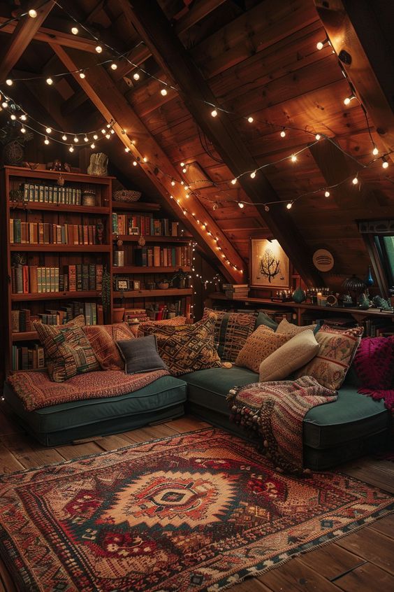 a living room filled with lots of furniture and bookshelves covered in string lights