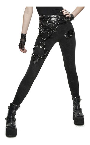 High Waist Stretch Punk Pants, Punk Style High Waist Fitted Bottoms, Alternative Style Stretch Pants For Night Out, Punk Style Party Trousers, Punk Style Trousers For Party, Edgy Fitted Bottoms, Punk Style Leather Pants For Fall, Punk Style Pants For Party, Gothic Party Pants With Belt Loops