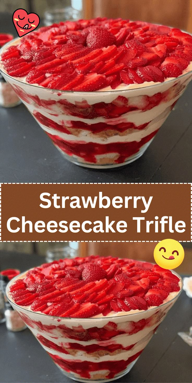 strawberry cheesecake trifle in a glass bowl with the words, strawberry cheesecake trifle