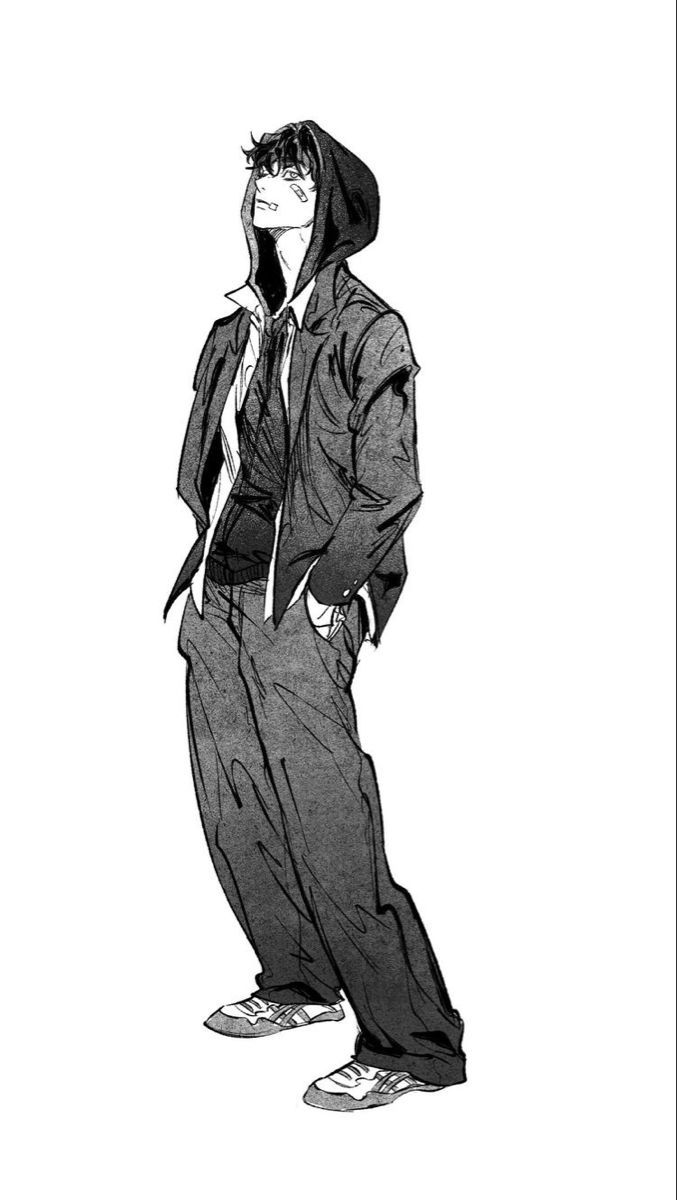 a drawing of a man in a hoodie and pants standing with his hands on his face