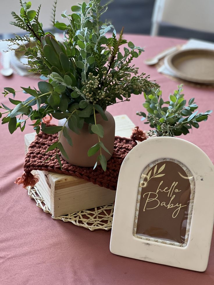 there is a small potted plant on top of a table with other items around it