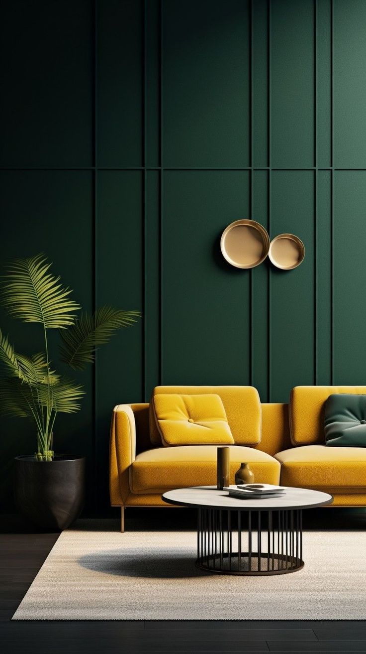 a living room with green walls and yellow couches in the corner, two planters on either side