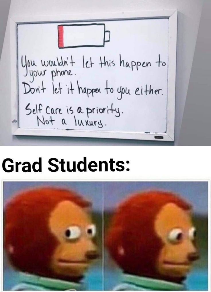 two pictures of the same person in front of a whiteboard with text that reads grad students