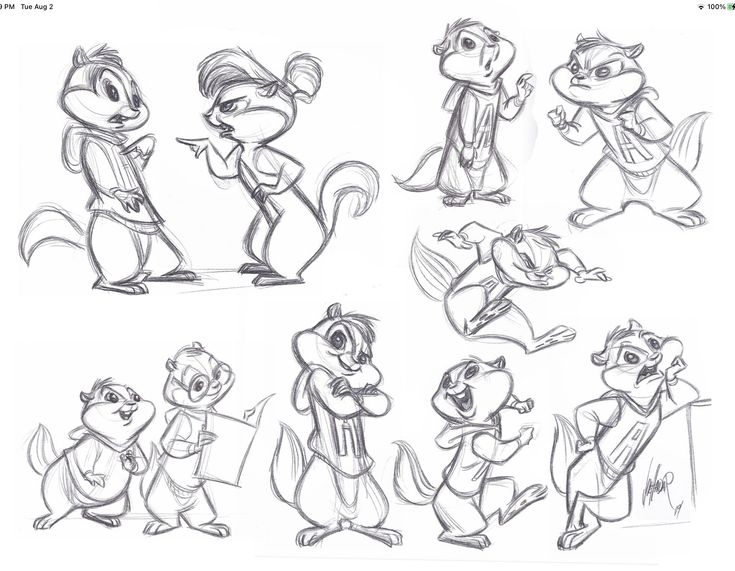 some cartoon character sketches from the animated movie chippy and friends, including squirrels