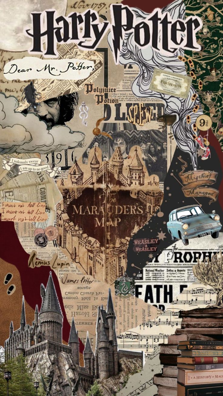 harry potter collage with books and hogwart's castle