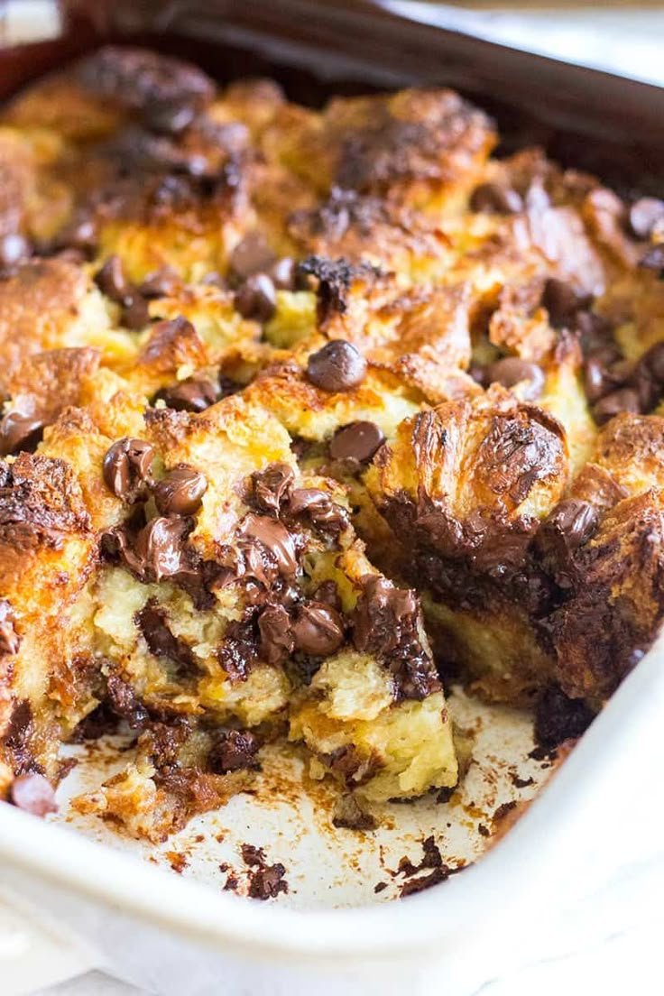 a close up of a casserole dish with chocolate chips