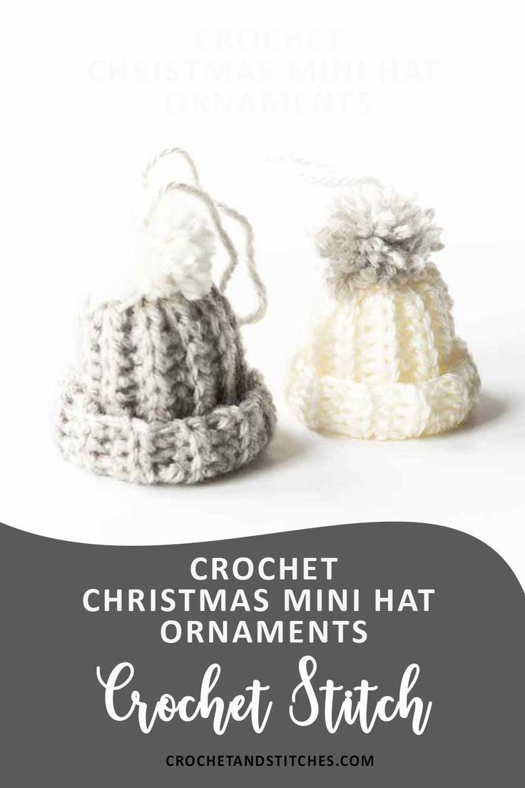 Gray mini hat ornament with white pom pom and white mini hat ornament with gray pom pom on top Crochet Tiny Hat Ornaments, Crochet Hat Ornament Pattern, Mini Beanie Hats, Santa Pom Pom Ornament, Christmas Hat Ornament Crochet, Crochet Mini Hat Ornament, Mini Winter Hats Diy, Crochet Amigurumi Ornaments, Crochet Christmas Hat Ornament